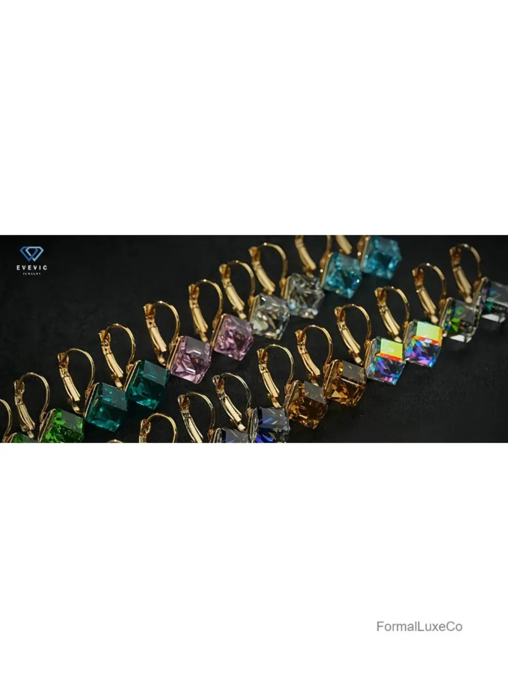Austrian Crystal Cube Drop Leverback Earrings 14K Rose Gold Plated